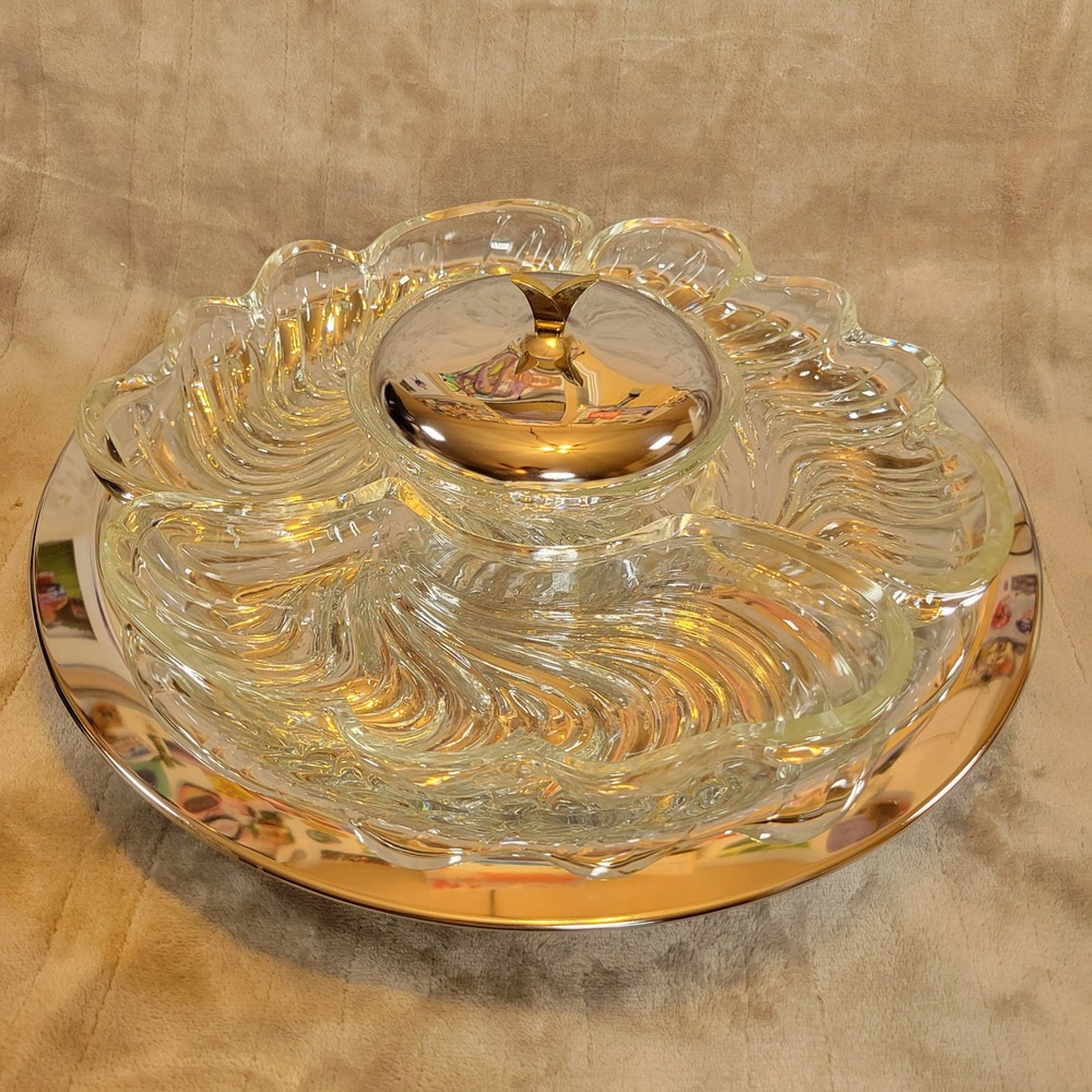 Vintage Kromex 1950s 6pc Lazy‎ Susan Chrome Glass Rotating Lg Party Platter MCM
